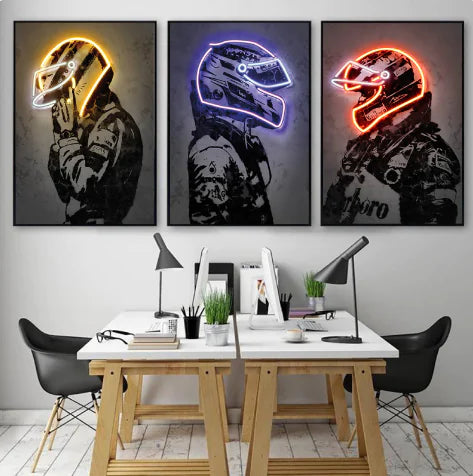 Retro Helmet Neon Canvas Art – Wall Decor